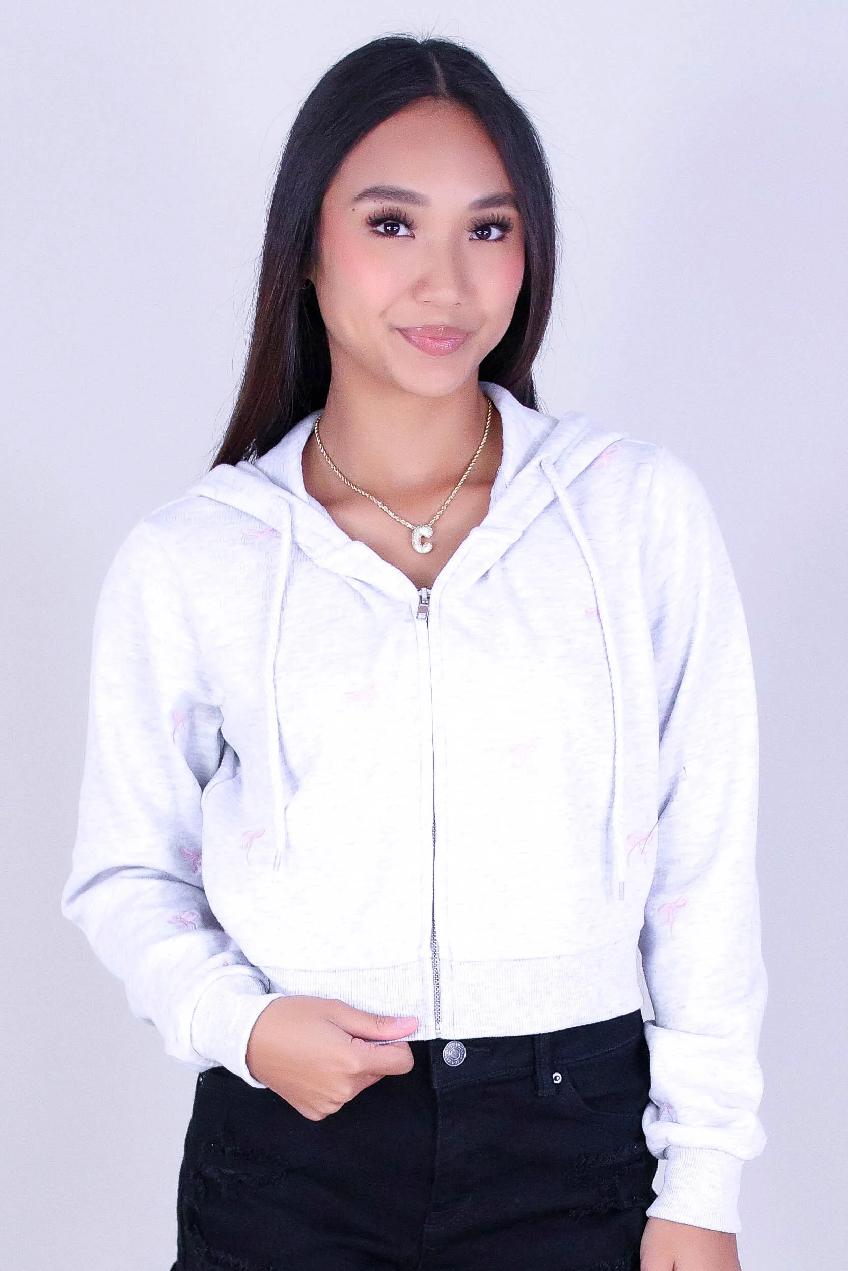 BOW EMBROIDERED CROPPED ZIP HOODIE - Image 2