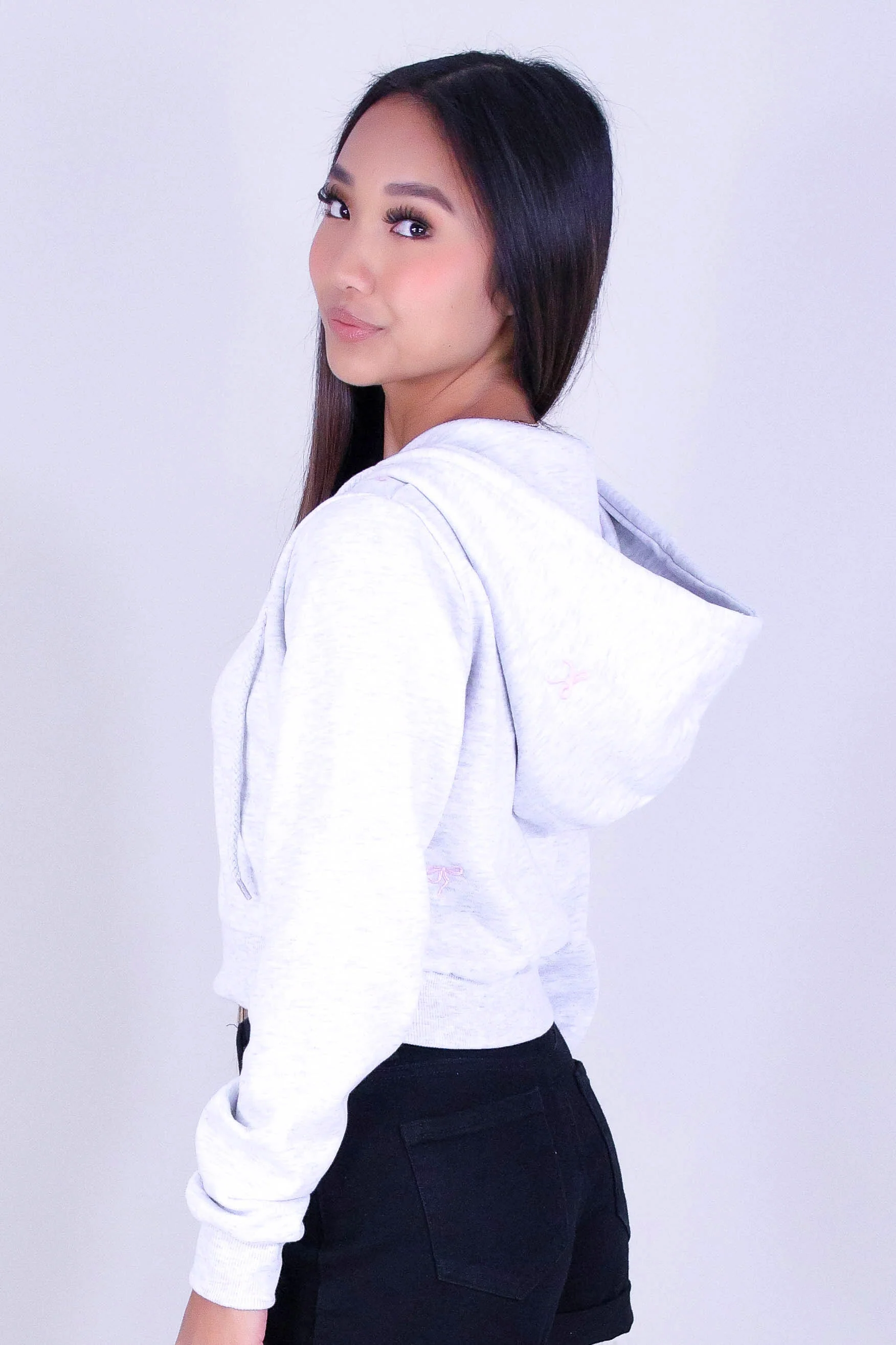 BOW EMBROIDERED CROPPED ZIP HOODIE - Image 3